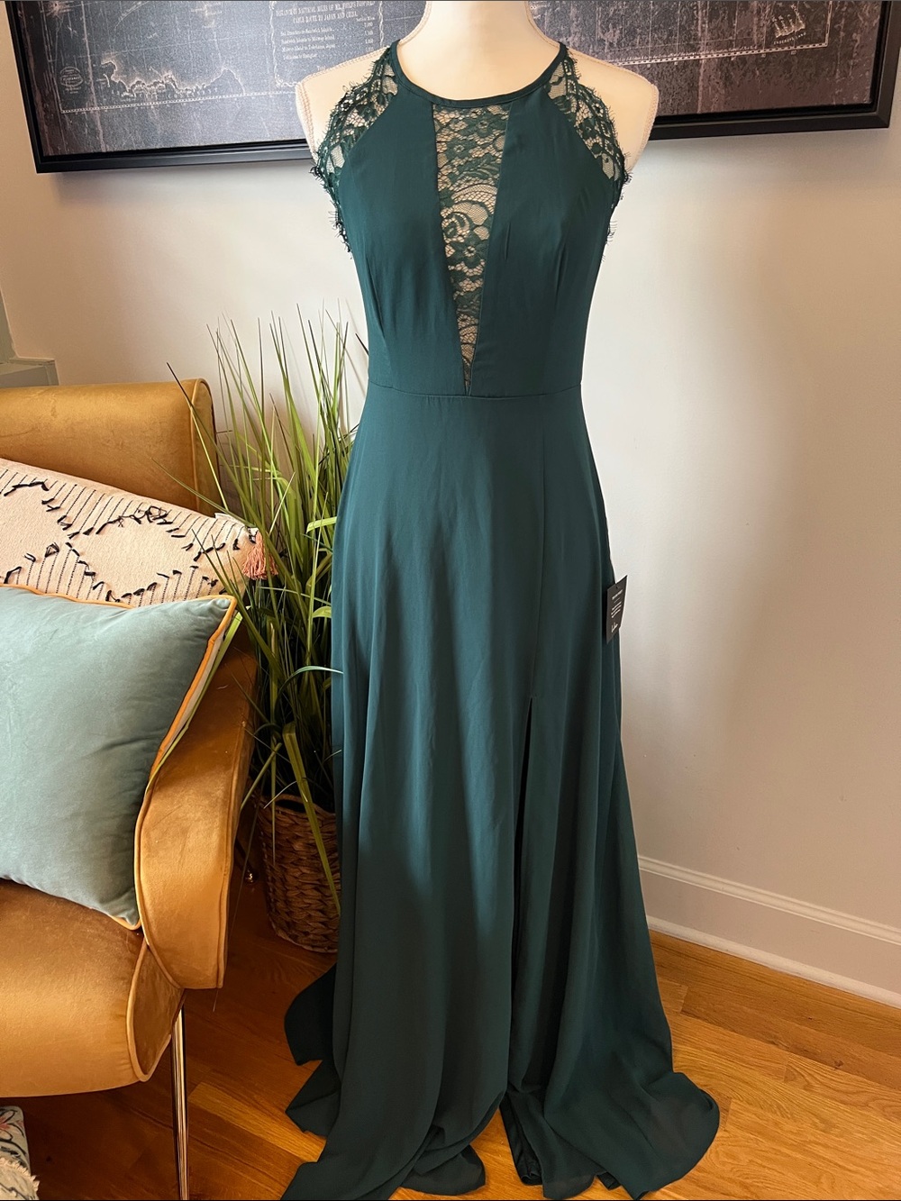 Lulu's Forest Green Lace-Accented Halter Maxi Dress